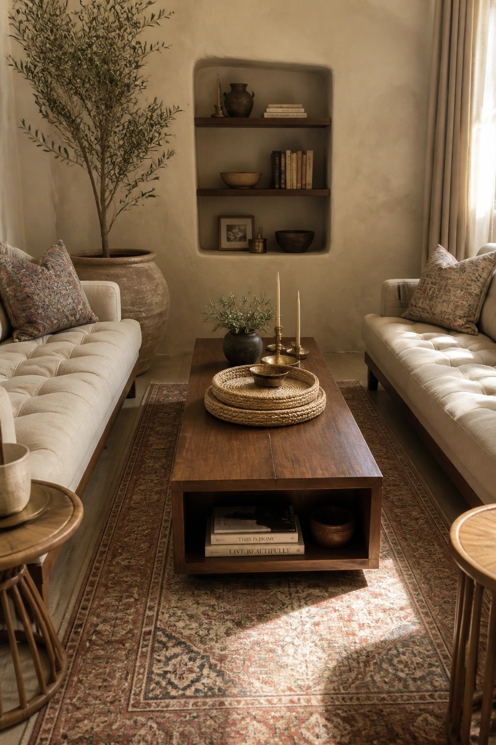 Living room with two cream sofas facing a dark wood coffee table on a patterned rug, and recessed wall shelves holding books, bowls, and small decorative items.