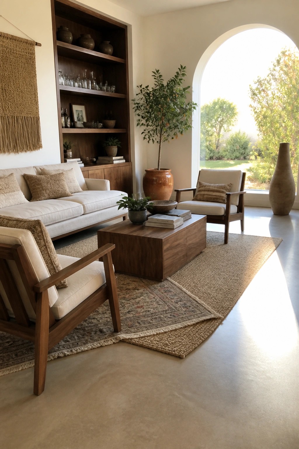 Modern living room with white sofa, wooden armchairs, arched window, and layered rugs