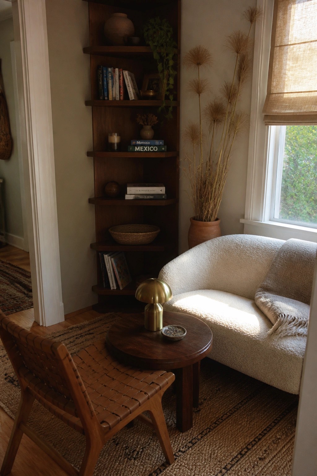 Cozy corner with built-in bookshelf, white bouclé chair, round table, and woven leather chair.