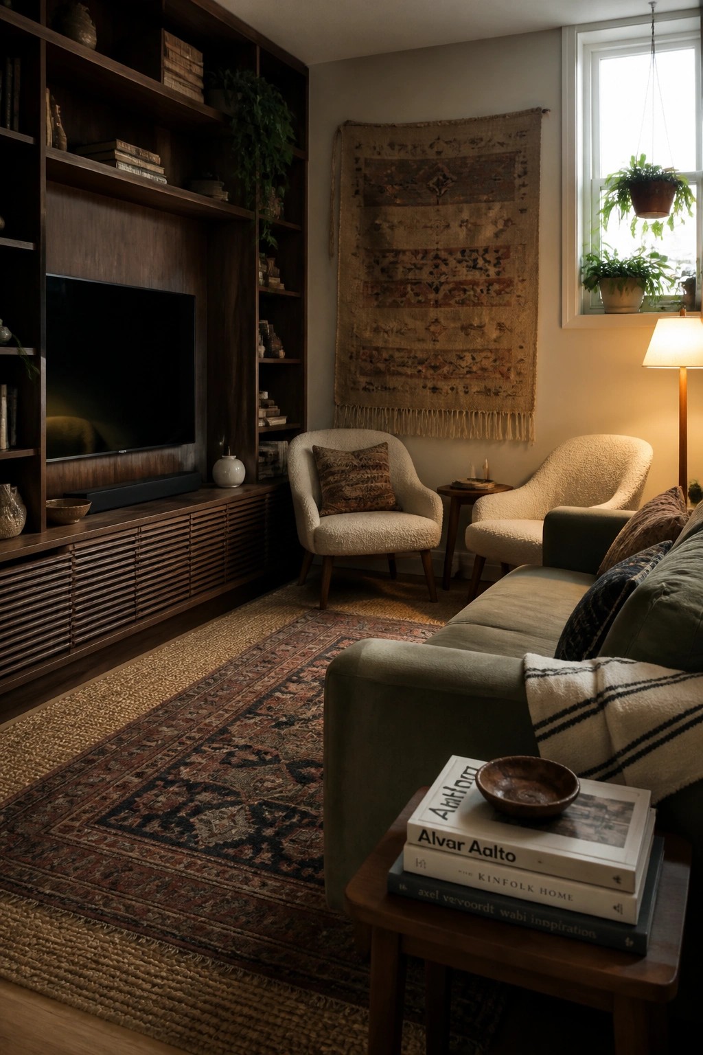 A living room with a large dark wood built-in unit containing a television, open shelves, and lower cabinets, alongside two cream armchairs, a green sofa, layered rugs, and a wall tapestry.