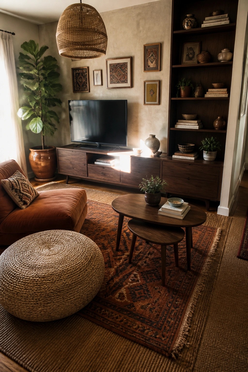 Cozy living room with wooden TV console, built-in shelves, rust sofa, and woven pouf.