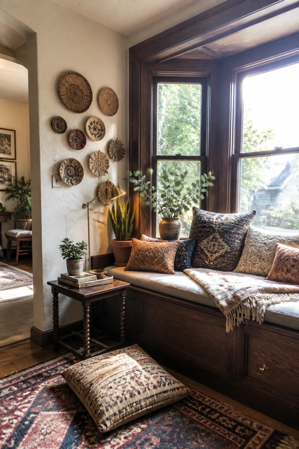 Dark wood built-in window bench with cushions, pillows, and a throw, next to a small wooden side table holding books and a lamp, with woven baskets on the wall above.