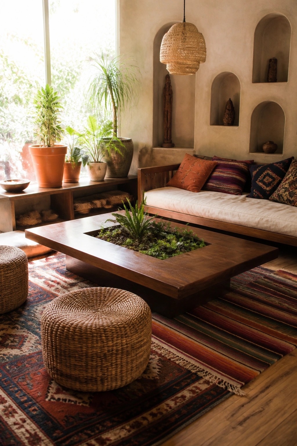 A living room with a dark wood square coffee table that has a central planter filled with small plants, placed on layered rugs near a cushioned wooden bench and woven poufs.