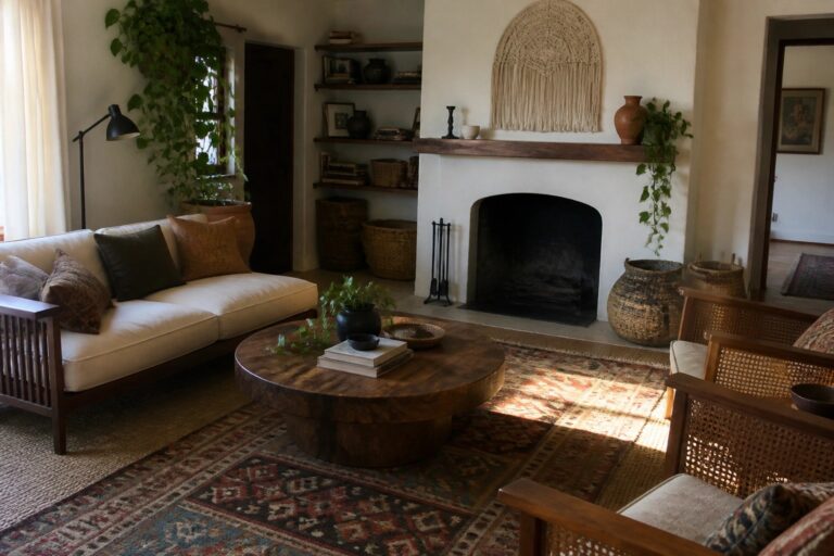 A living room featuring a white sofa, round wooden coffee table on layered rugs, fireplace with mantel, woven accent chair, and potted plants.