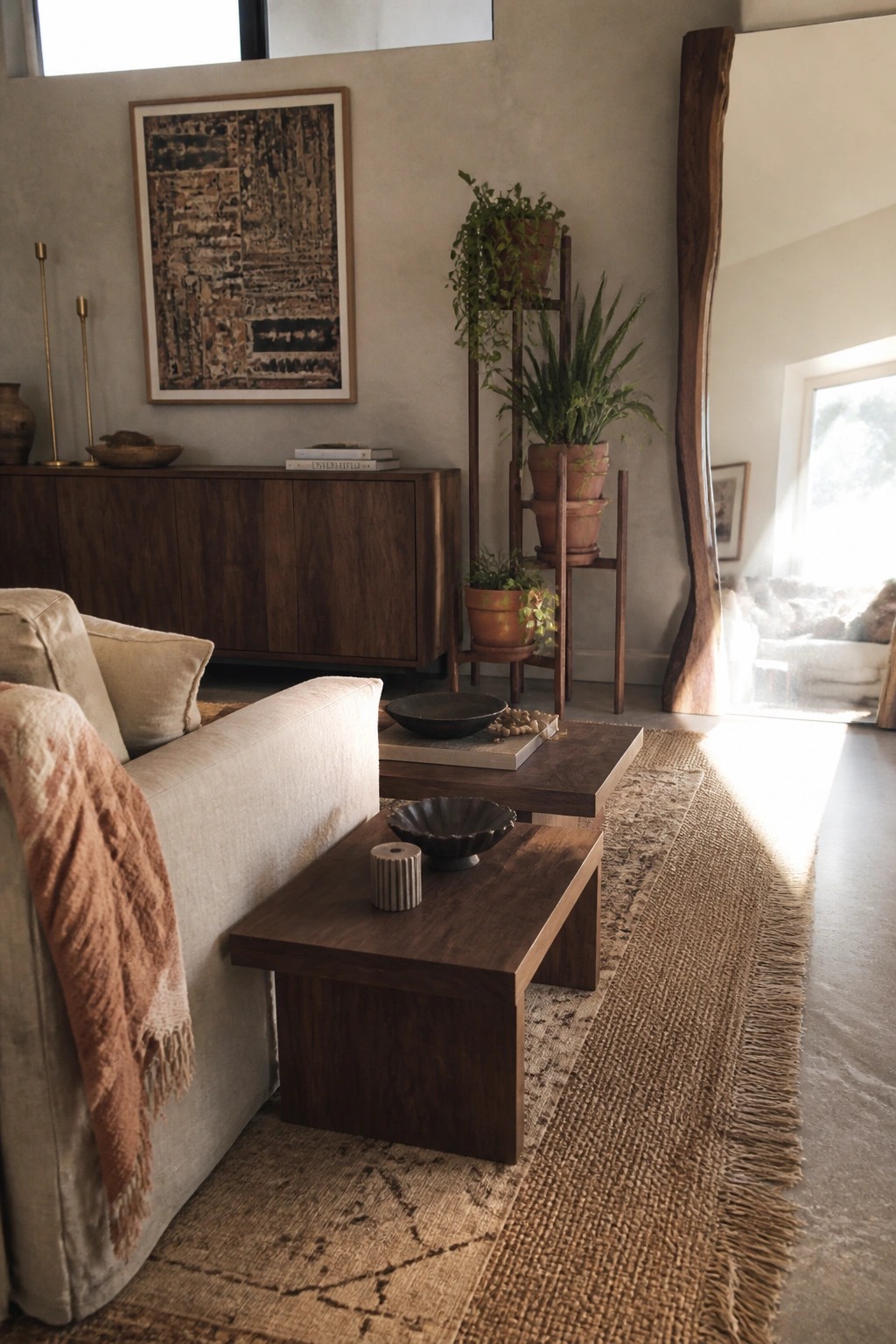A living room featuring a light sofa, two low dark walnut coffee tables on a jute rug, a matching walnut sideboard, and potted plants on a wooden stand.