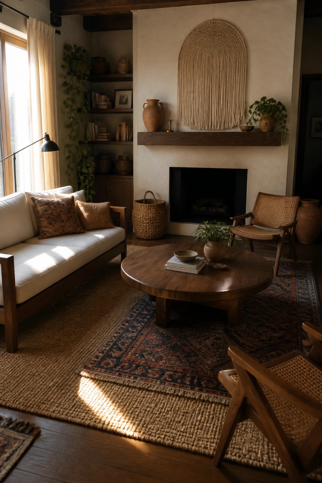 A living room featuring a white sofa, round wooden coffee table on layered rugs, fireplace with mantel, woven accent chair, and potted plants.