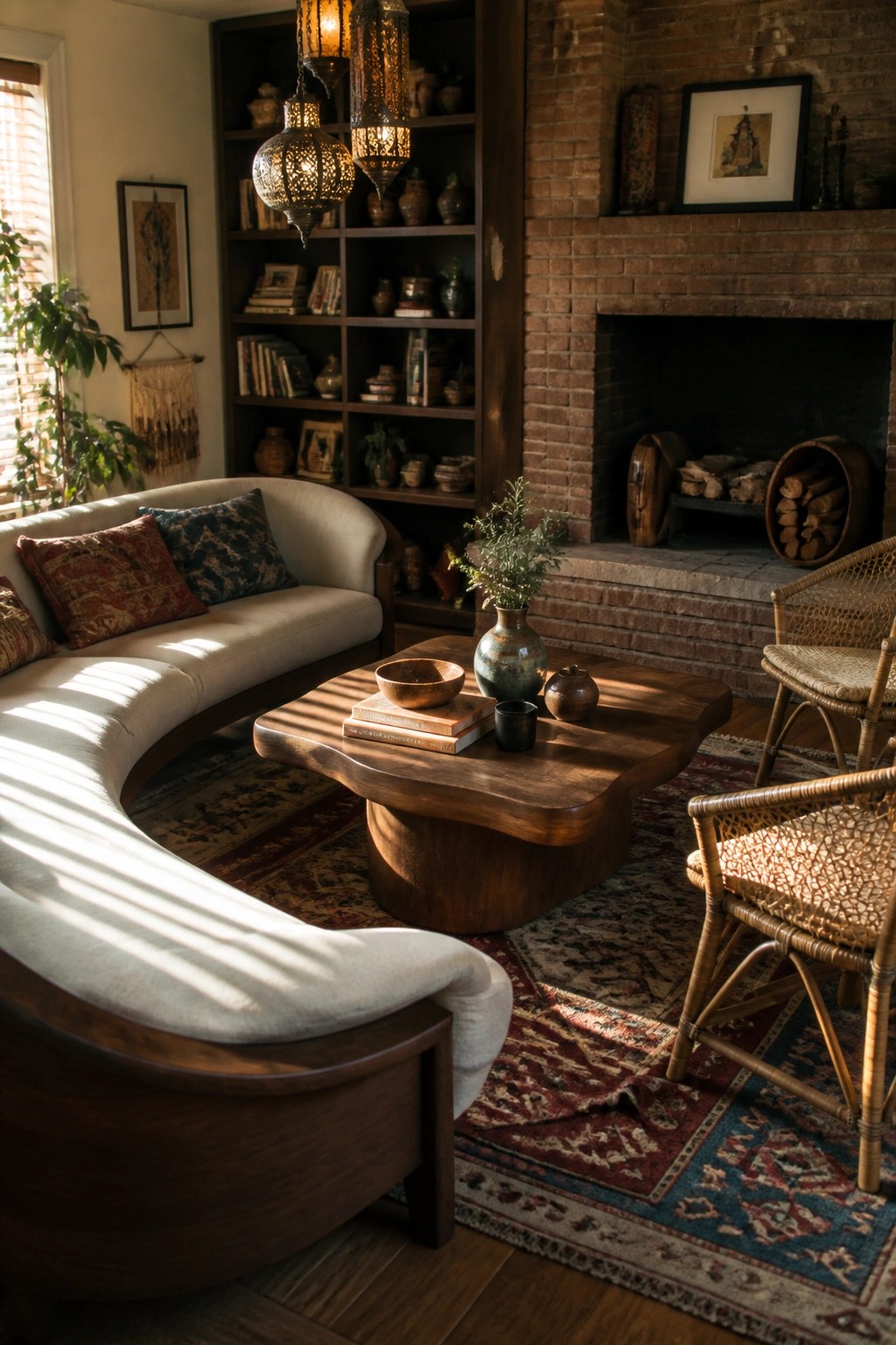 Cozy living room with curved sofa, wooden coffee table, brick fireplace, and wicker chairs