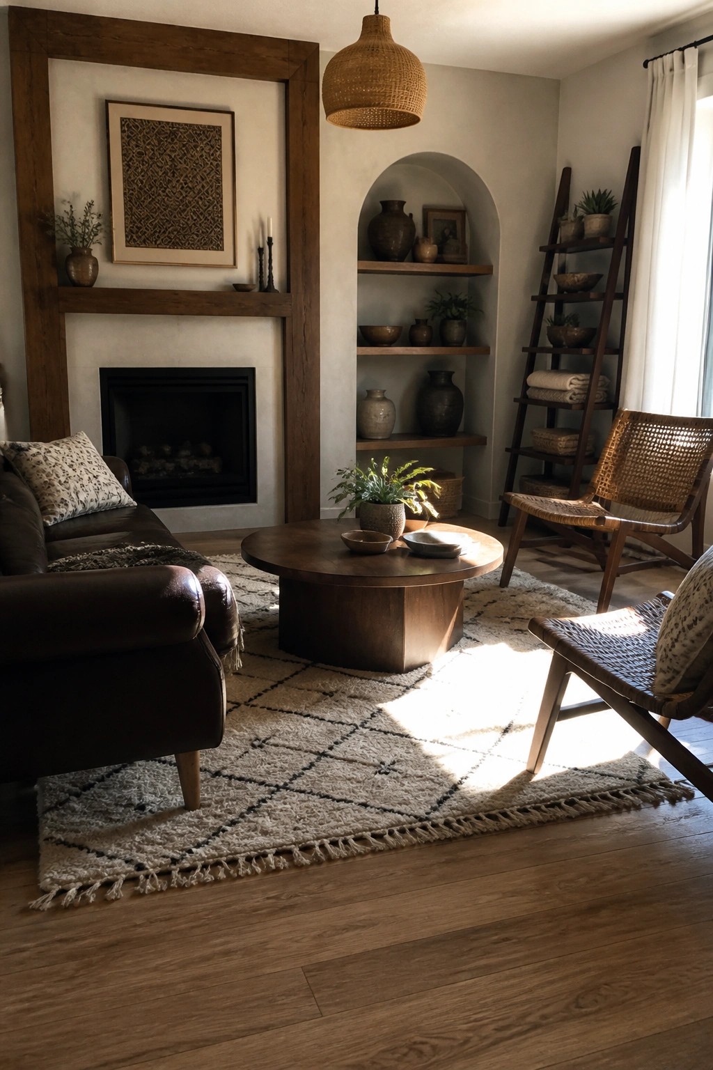 A living room featuring a round dark wood coffee table centered on a patterned rug, with a dark leather sofa, woven accent chairs, a fireplace with wood mantel, and built-in arched shelving.