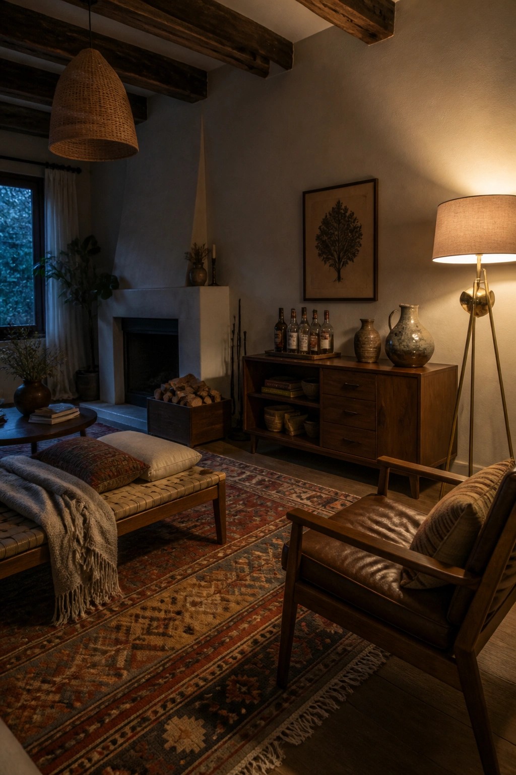 A living room with walnut furniture, a large patterned rug, a wooden sideboard, a fireplace, and a woven pendant light.