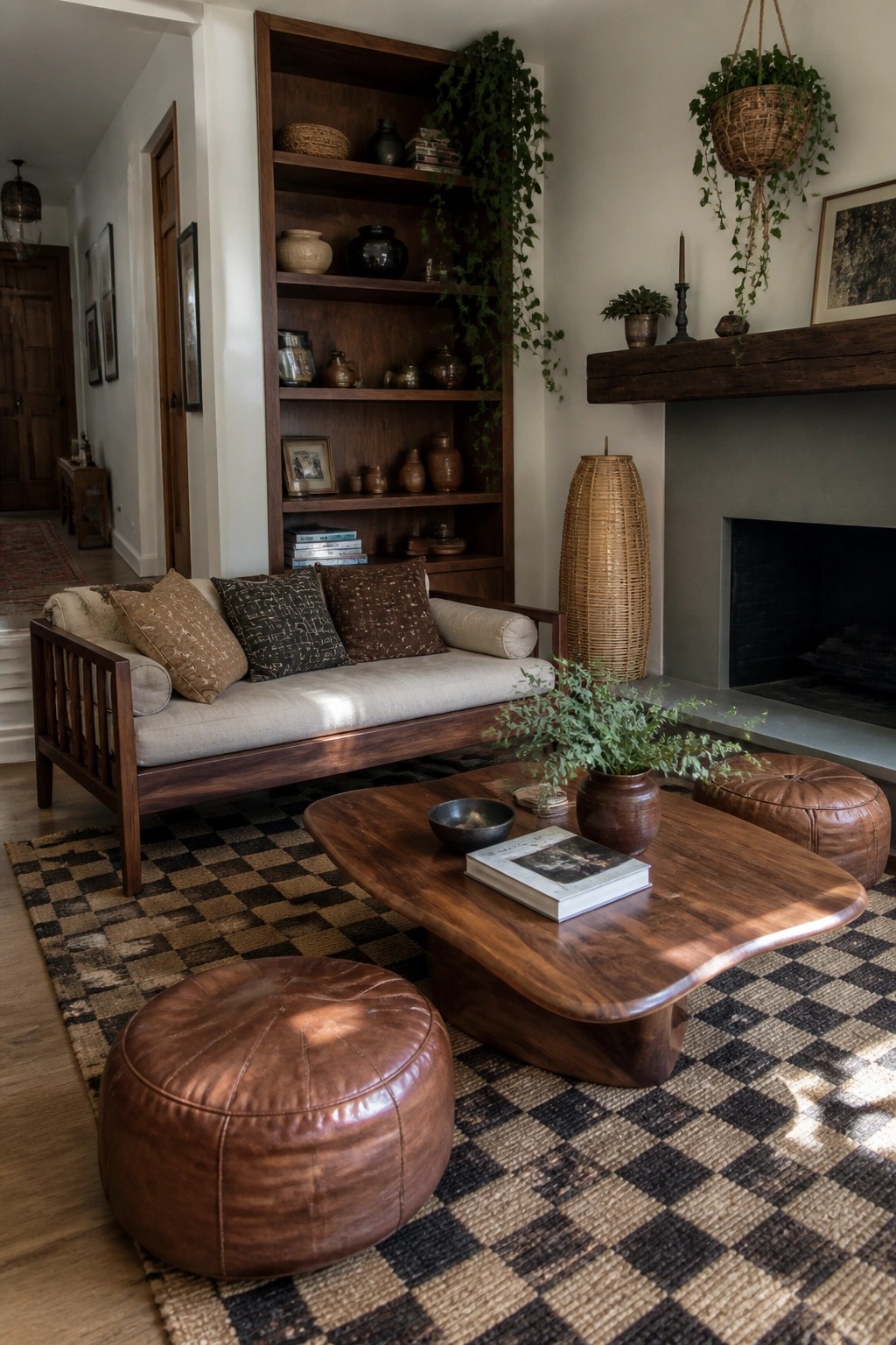 A living room featuring a large dark walnut built-in bookshelf filled with pottery and books, a matching walnut sofa with patterned cushions, a live-edge walnut coffee table on a checkered rug, and two brown leather poufs near a fireplace.