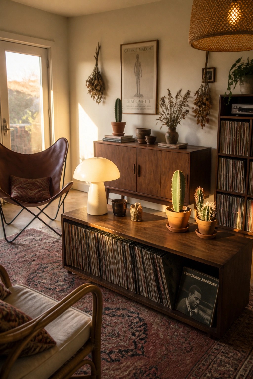 A living room featuring a long low walnut cabinet filled with vinyl records and topped with potted cacti, next to a matching sideboard and a brown leather chair.