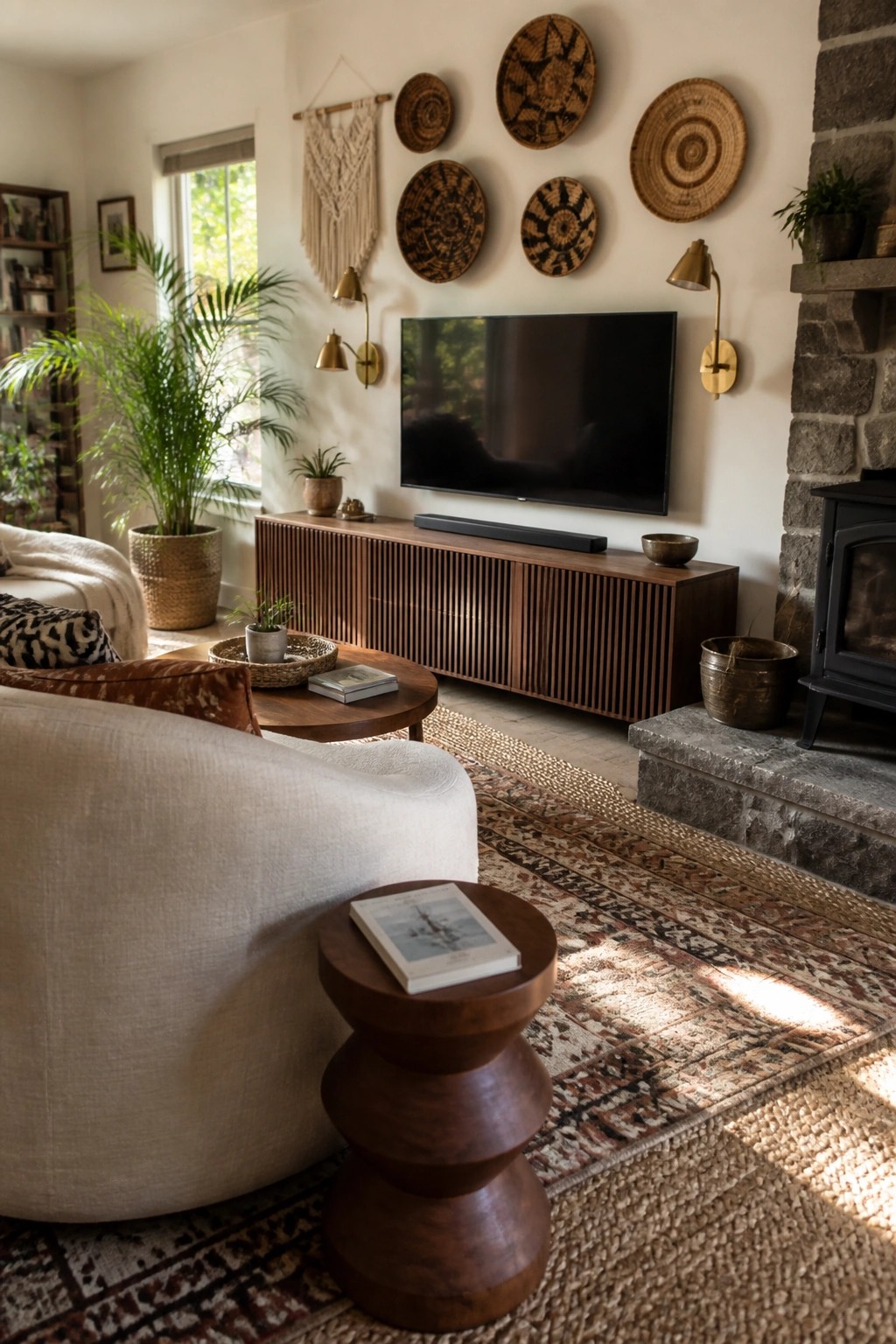 Cozy living room with white armchair, wooden media console, wall TV, woven baskets, and fireplace.