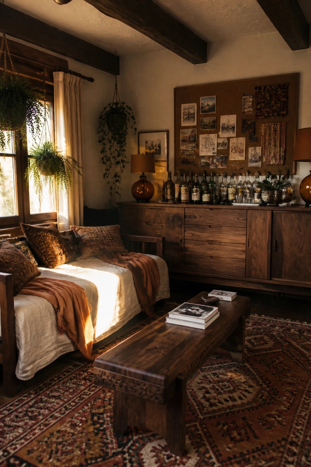 Sunlit rustic room with daybed, orange throws, wooden credenza with bottles, and hanging plants.
