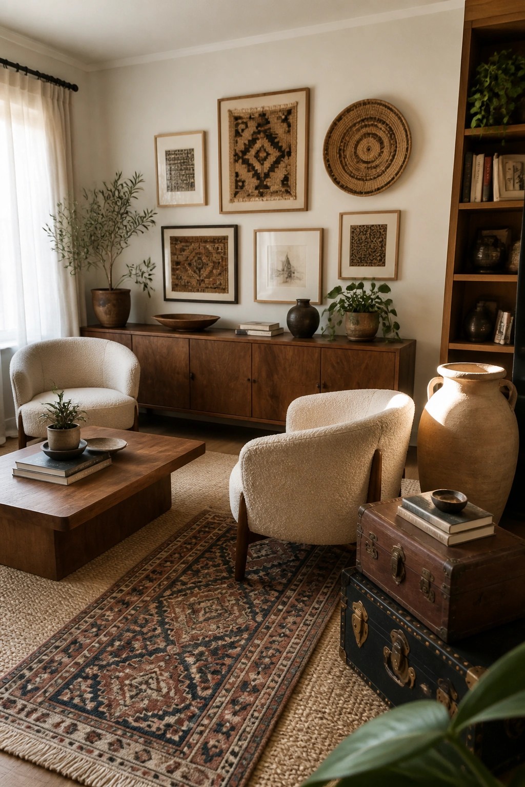 A living room featuring a long walnut sideboard beneath a gallery wall of framed prints and woven textiles, with two boucle armchairs, a wooden coffee table, and layered rugs.