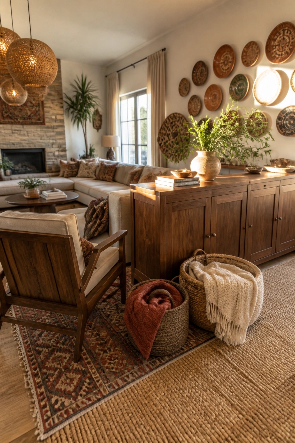 A living room interior showing a large walnut sideboard against a wall with woven baskets on the floor, a sectional sofa, hanging woven light fixtures, and decorative plates mounted above the sideboard.
