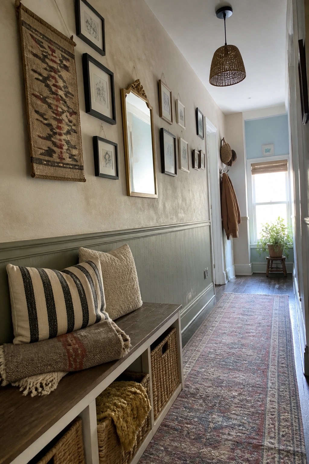 A hallway gallery wall displays framed art pieces alongside a large woven textile hanging above a wooden bench with storage baskets.