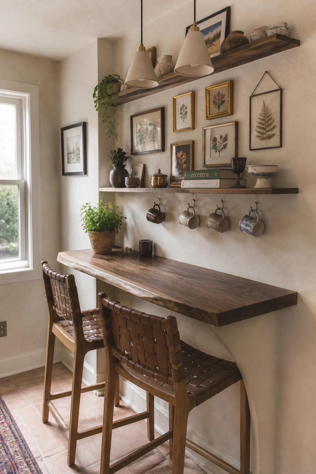 A wooden counter with two woven leather bar stools sits below two floating wood shelves holding framed botanical prints, pottery, and hanging ceramic mugs on a beige wall.