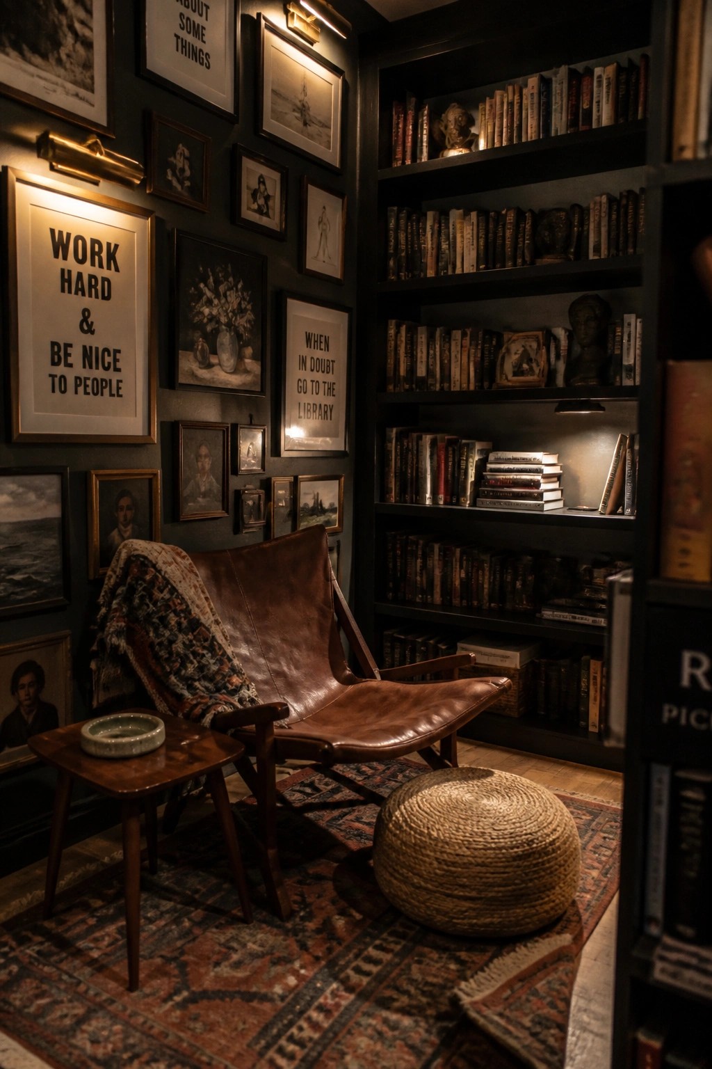 Cozy library corner with leather armchair, woven pouf, full bookshelf, and framed wall art