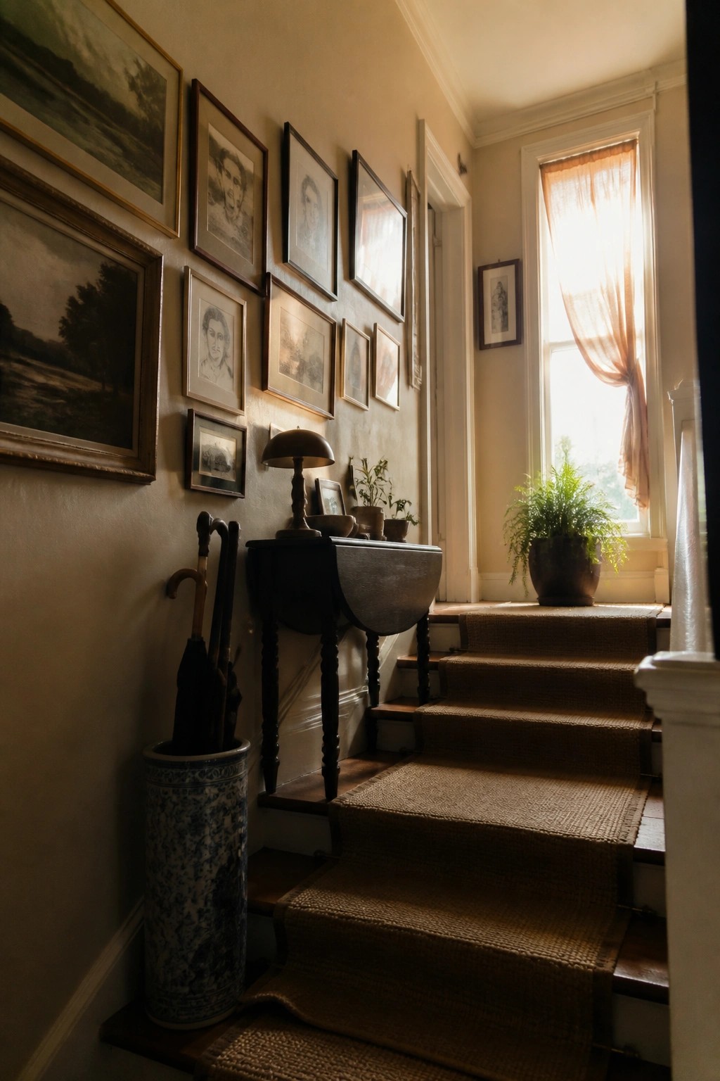A narrow staircase with a gallery wall of assorted framed artworks arranged along the left wall, a small console table with a lamp below the frames, and a window with a potted plant on the right.