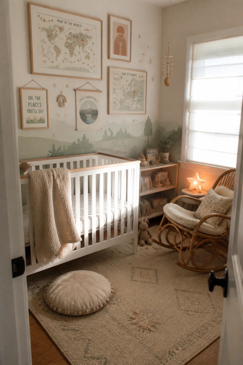 A bright nursery with a white crib, woven rug, rattan rocking chair, and a gallery wall of framed world and Europe maps plus smaller prints above the crib.