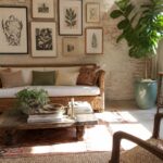 Cozy bohemian living room with wicker sofa, botanical gallery wall, and fiddle-leaf fig.