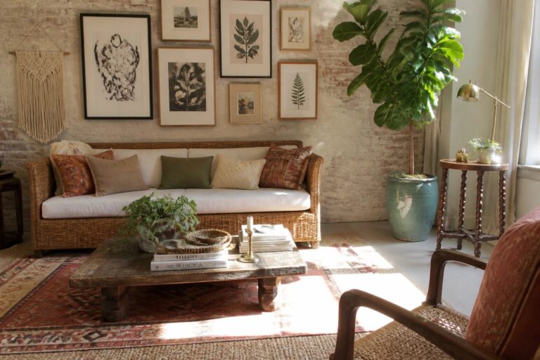 25 Artistic Boho Gallery Wall Ideas Built Around Eclectic Framed Art Cozy bohemian living room with wicker sofa, botanical gallery wall, and fiddle-leaf fig.