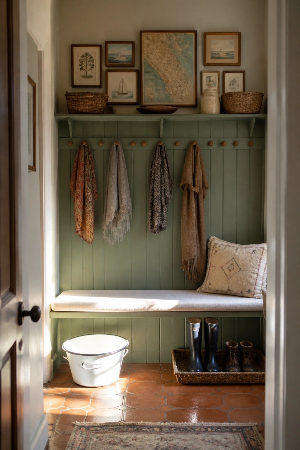 Cozy green mudroom with cushioned bench, hanging scarves, boots, and terracotta floor.