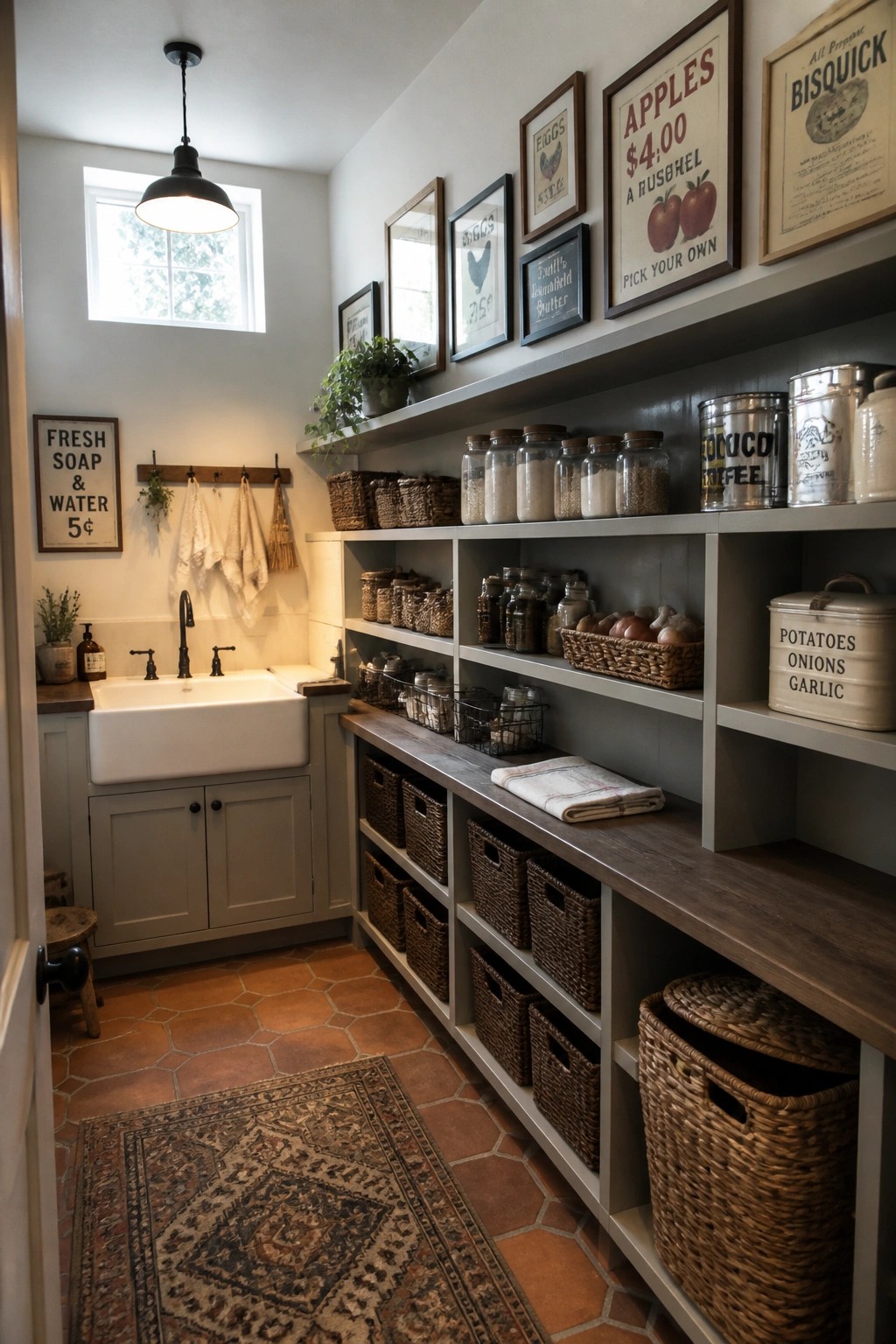 A narrow interior pantry with terracotta tile floor, gray open shelving filled with baskets and jars, a white farmhouse sink, and a collection of framed vintage-style signs and prints arranged on the wall above the shelves.