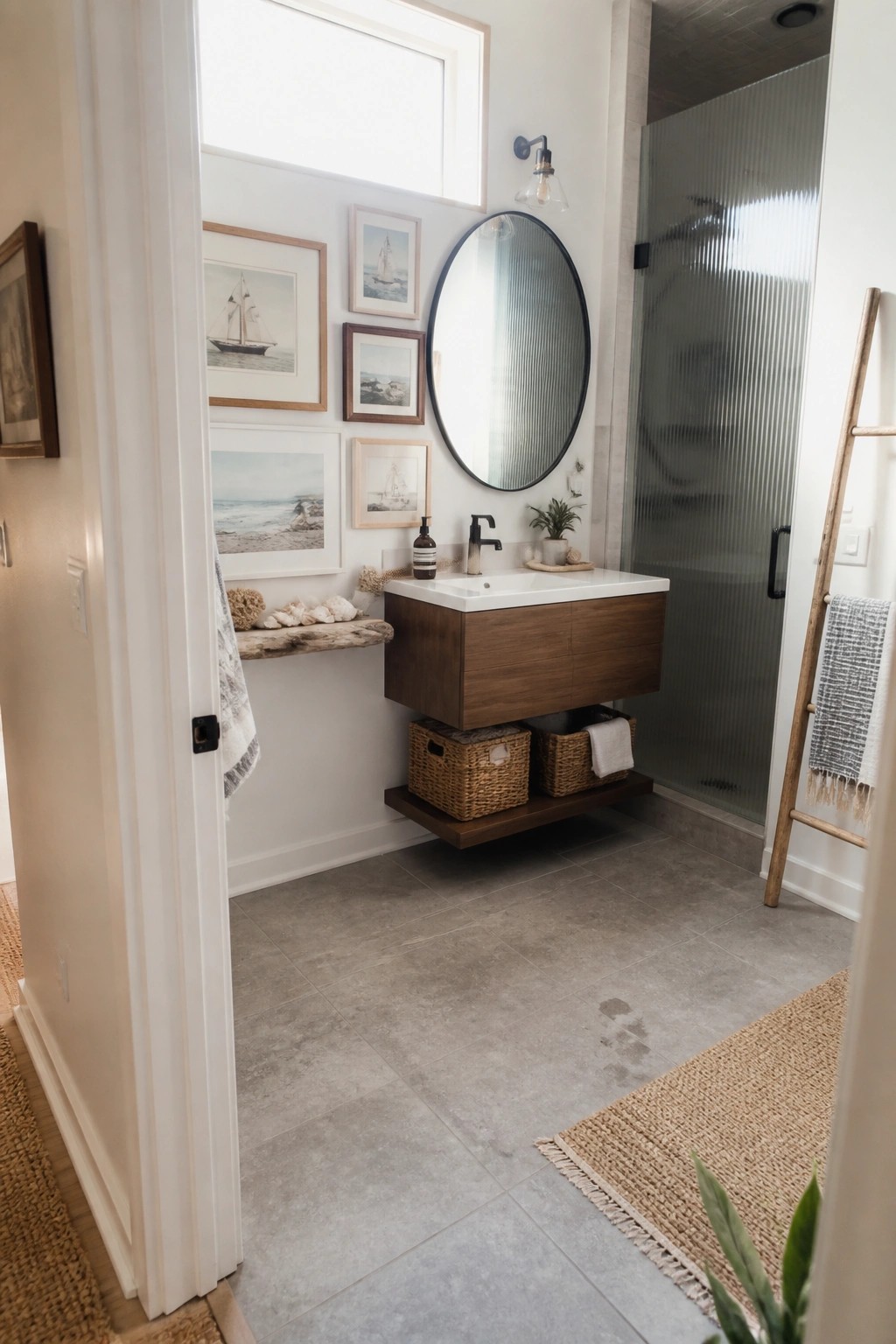 A modern bathroom with a floating wood vanity, round mirror, black faucet, and a gallery wall of assorted framed prints arranged above the sink next to a glass shower.
