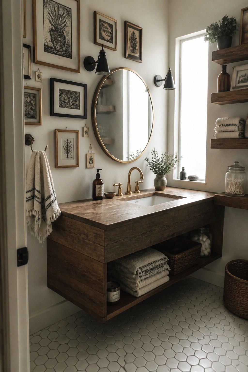 A bathroom interior showing a floating wood vanity, round mirror centered on the wall, and multiple framed art pieces arranged around it with two black wall sconces.