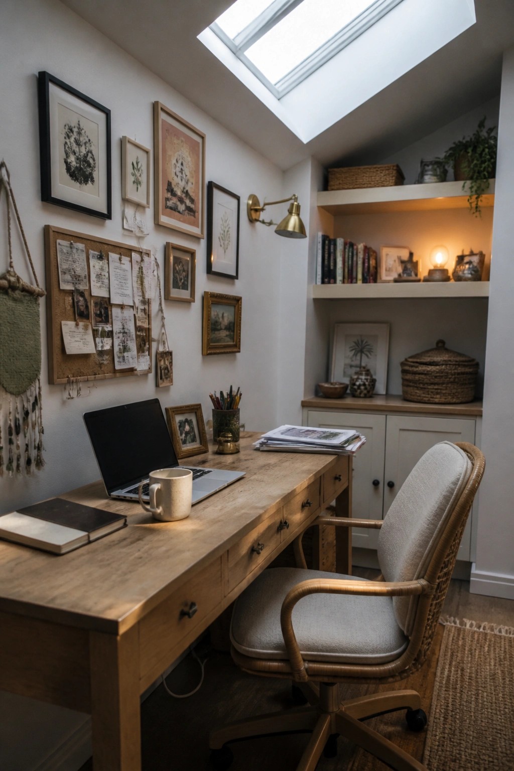 Cozy wooden desk with laptop, mug, and wicker chair under skylight with wall art