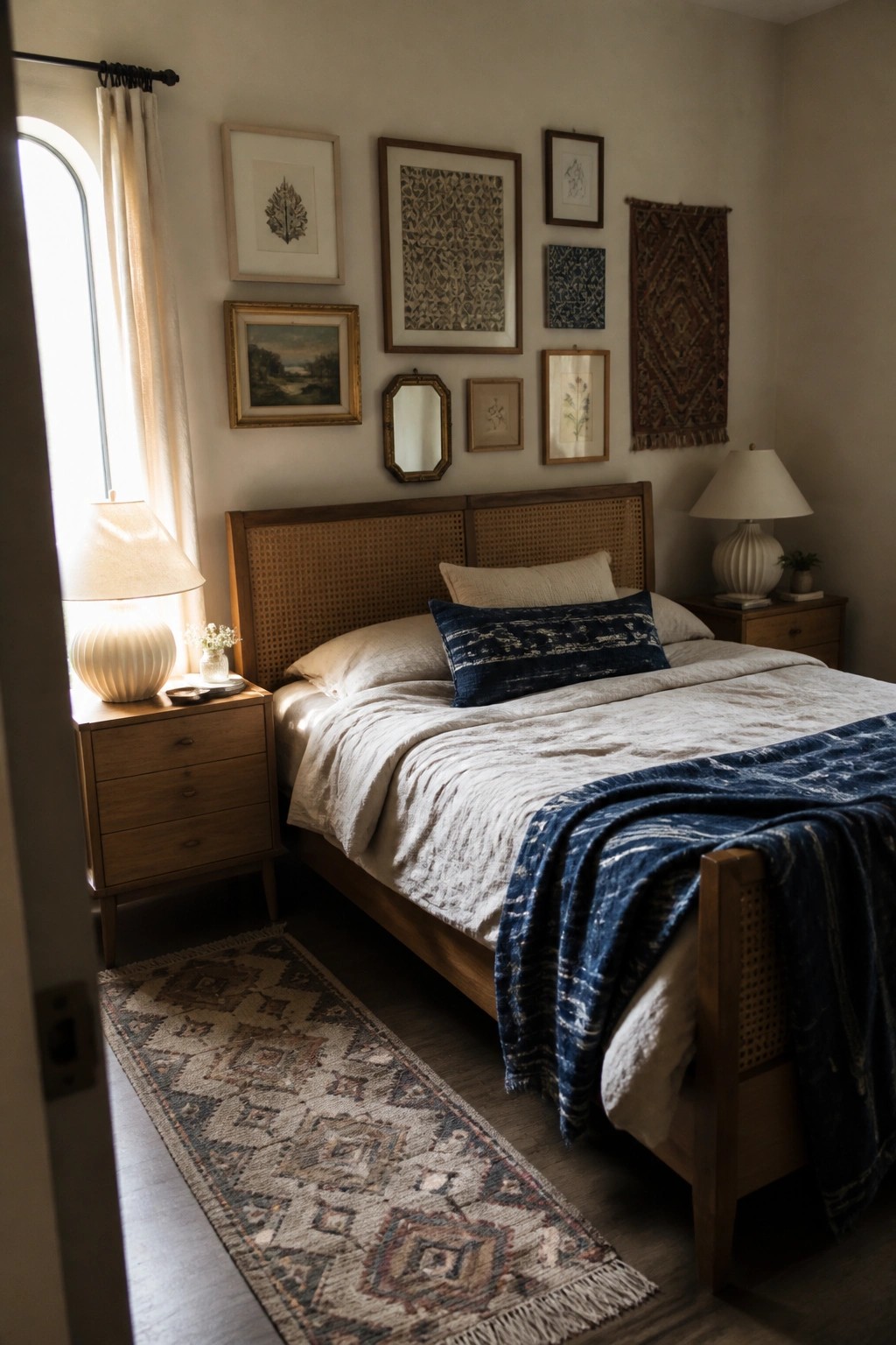 Cozy bedroom with wooden cane headboard bed, blue linens, gallery wall, and rug.
