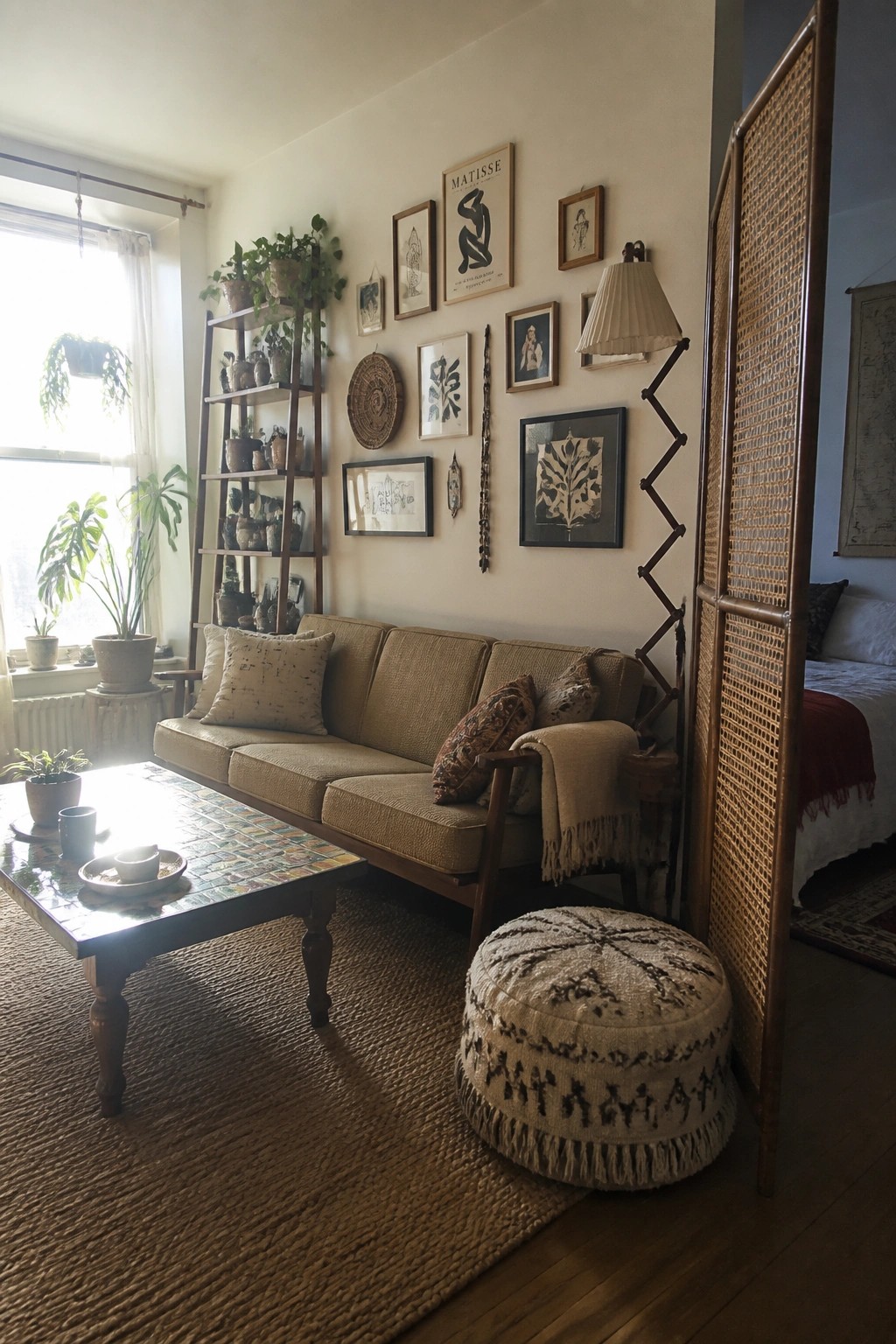 A living room gallery wall with assorted framed art pieces arranged alongside a woven circular item and hanging decor above a beige sofa.