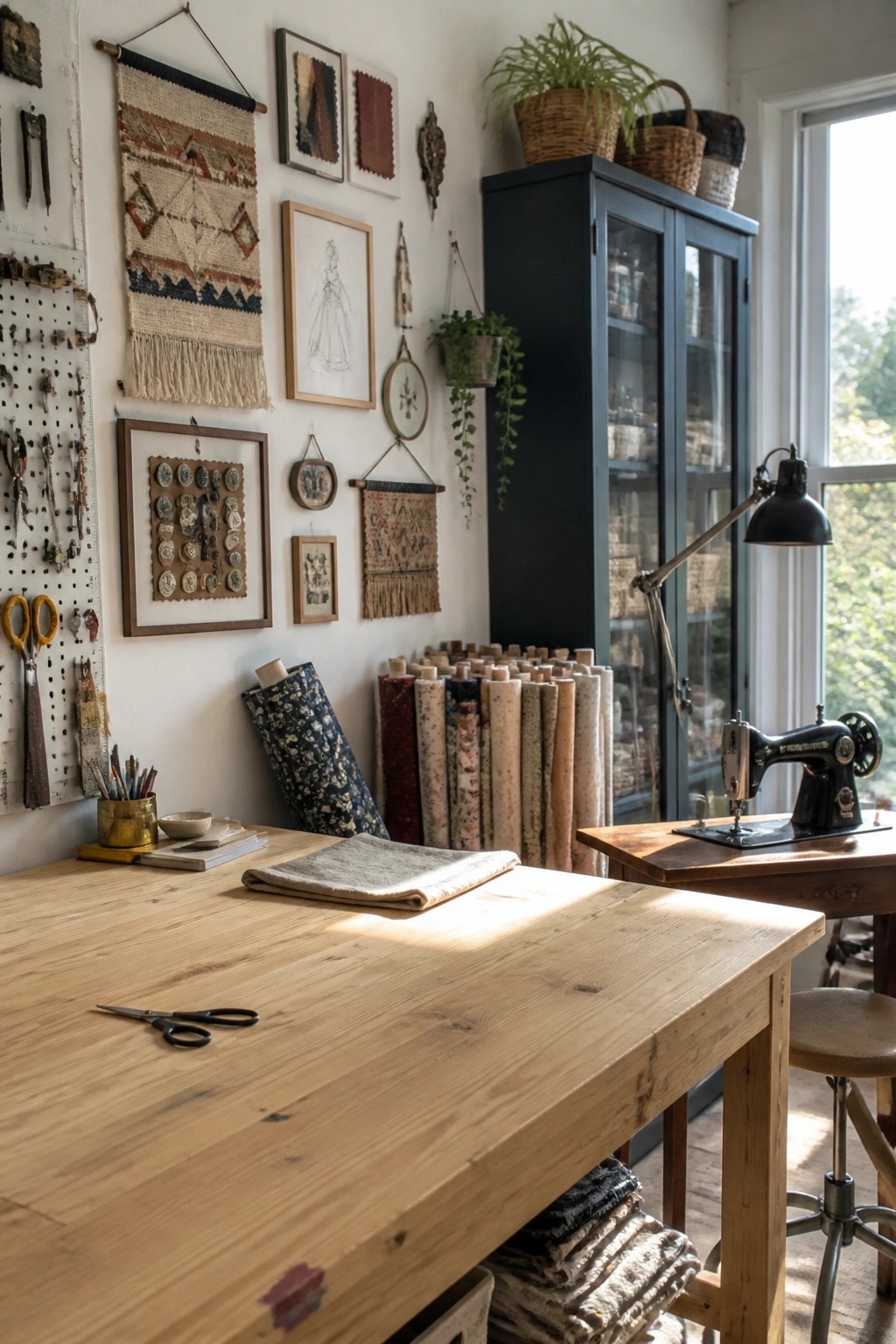 A bright craft room features a large wooden work table with a vintage sewing machine, scattered fabrics, and a white wall covered in an eclectic mix of framed art, woven wall hangings, and small decorative objects.