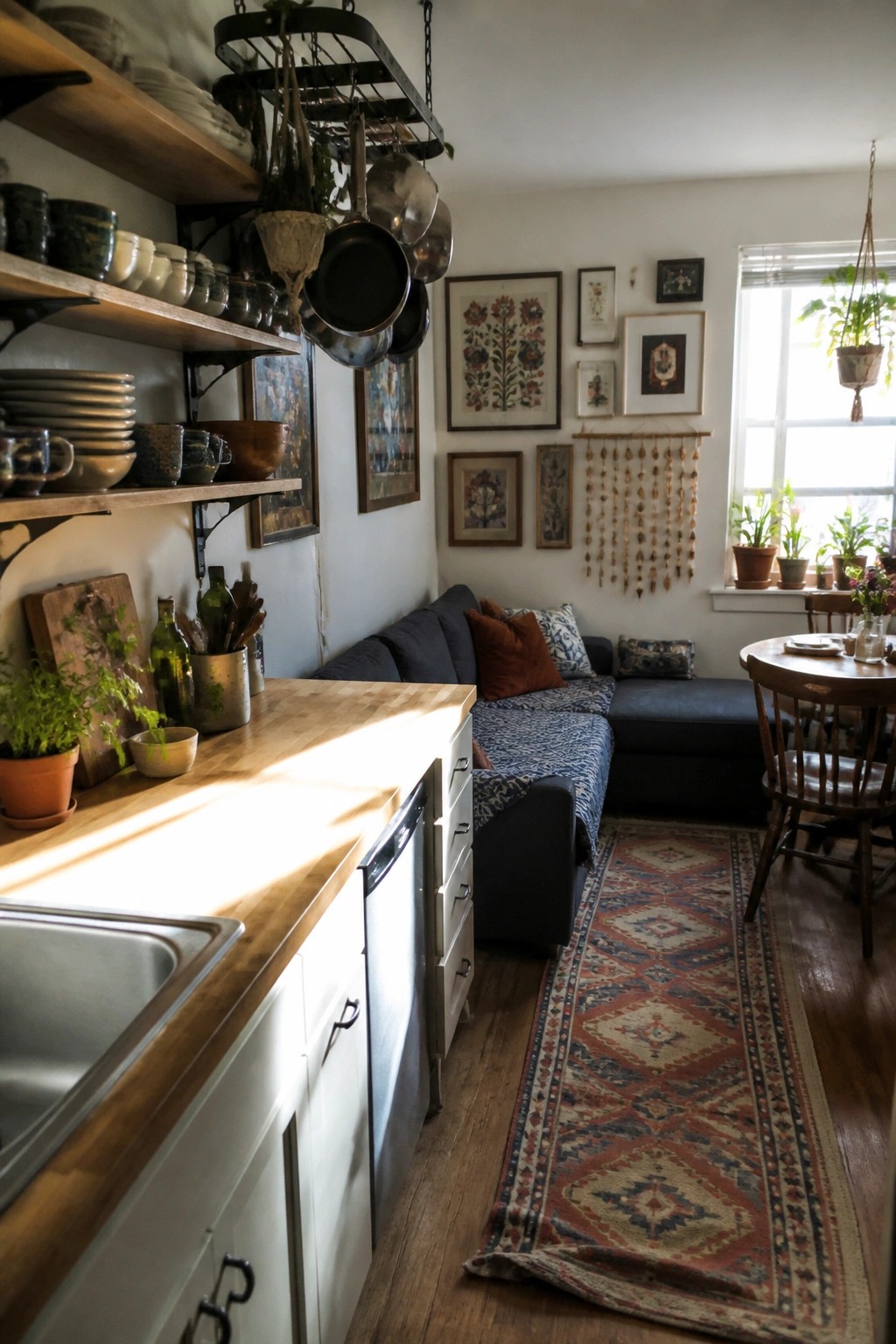Cozy kitchen with wooden counter, blue sofa, patterned rug, and hanging plants.