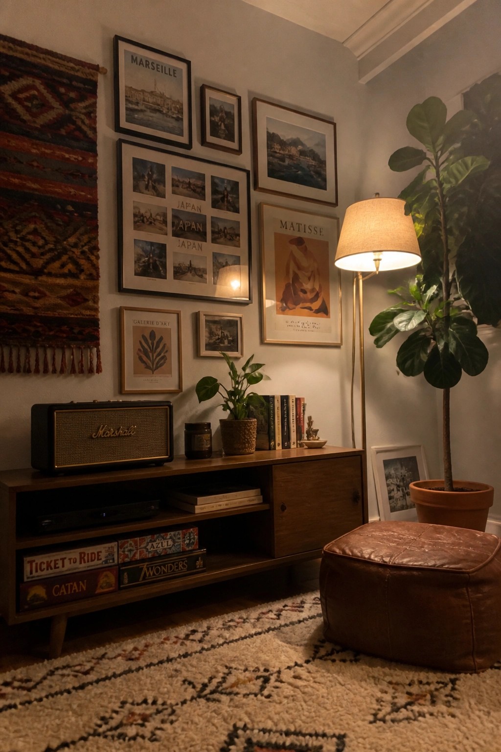 Cozy corner with gallery wall, wooden console, Marshall speaker, plants, and leather ottoman