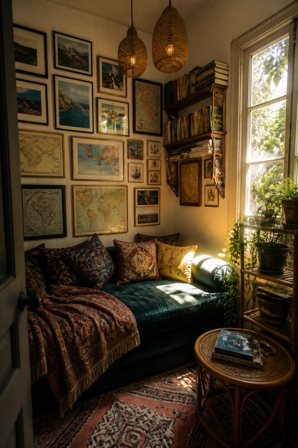 A corner of a room with a teal daybed, patterned pillows, a fringed throw, and a dense gallery wall of framed maps and artwork above it, next to a window and wooden bookshelves.