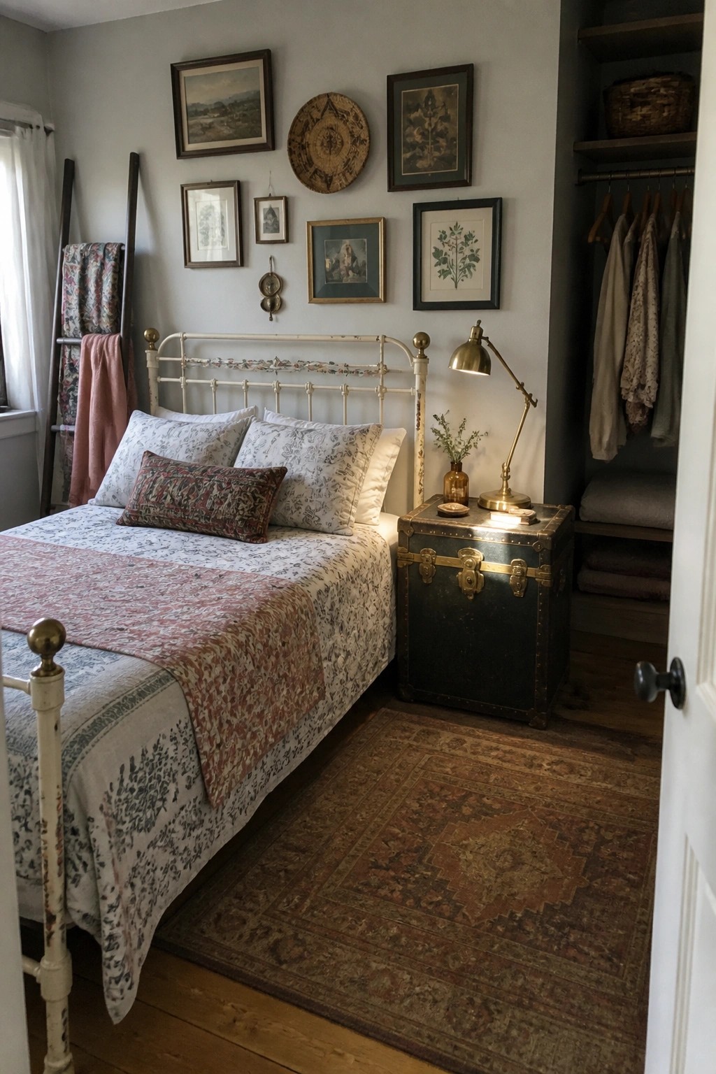 A bedroom interior showing a white metal bed with a gallery wall of assorted framed art, prints, and a round woven piece arranged above the headboard.