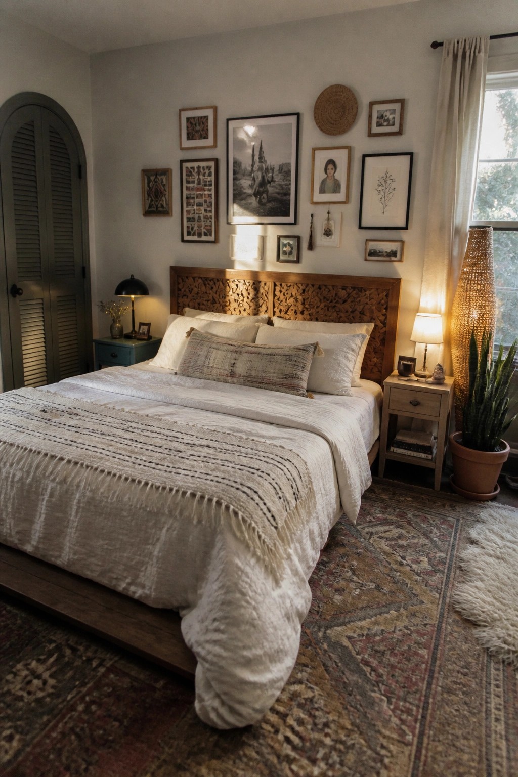 A bedroom with a wooden carved headboard, white bedding, and an arrangement of various framed artworks on the wall above the bed.