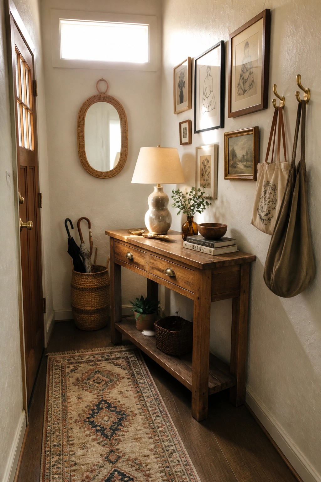 Wooden console table in hallway with lamp, rattan mirror, art gallery wall, and rug