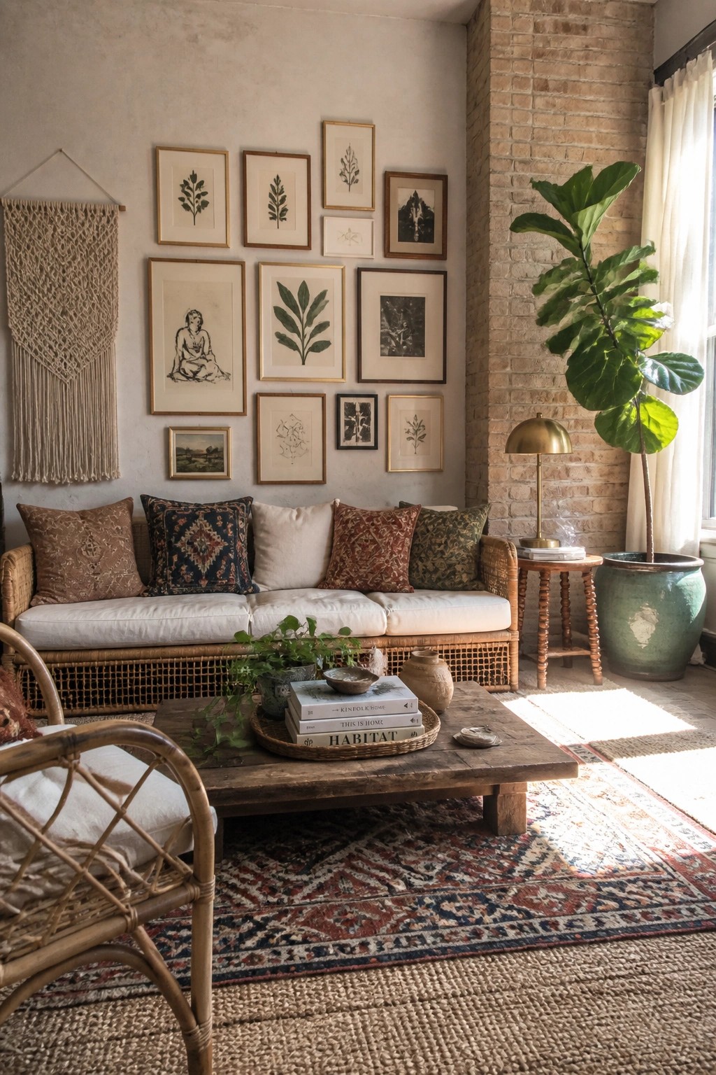 Cozy bohemian living room with wicker sofa, botanical gallery wall, and fiddle-leaf fig.