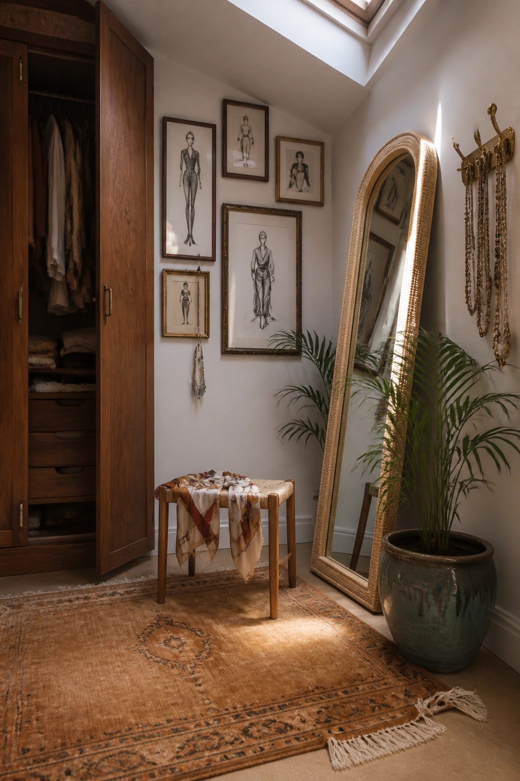 A corner of a room shows a gallery wall of framed sketches in mixed wood and gold frames above a wooden stool with scarves, next to an open dark wood wardrobe and a tall floor mirror.