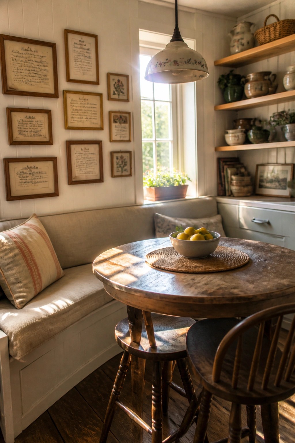 Interior view of a white-walled room with a round wooden table, two wooden chairs, a built-in bench with cushions, and multiple framed handwritten documents and small botanical prints arranged on the wall.