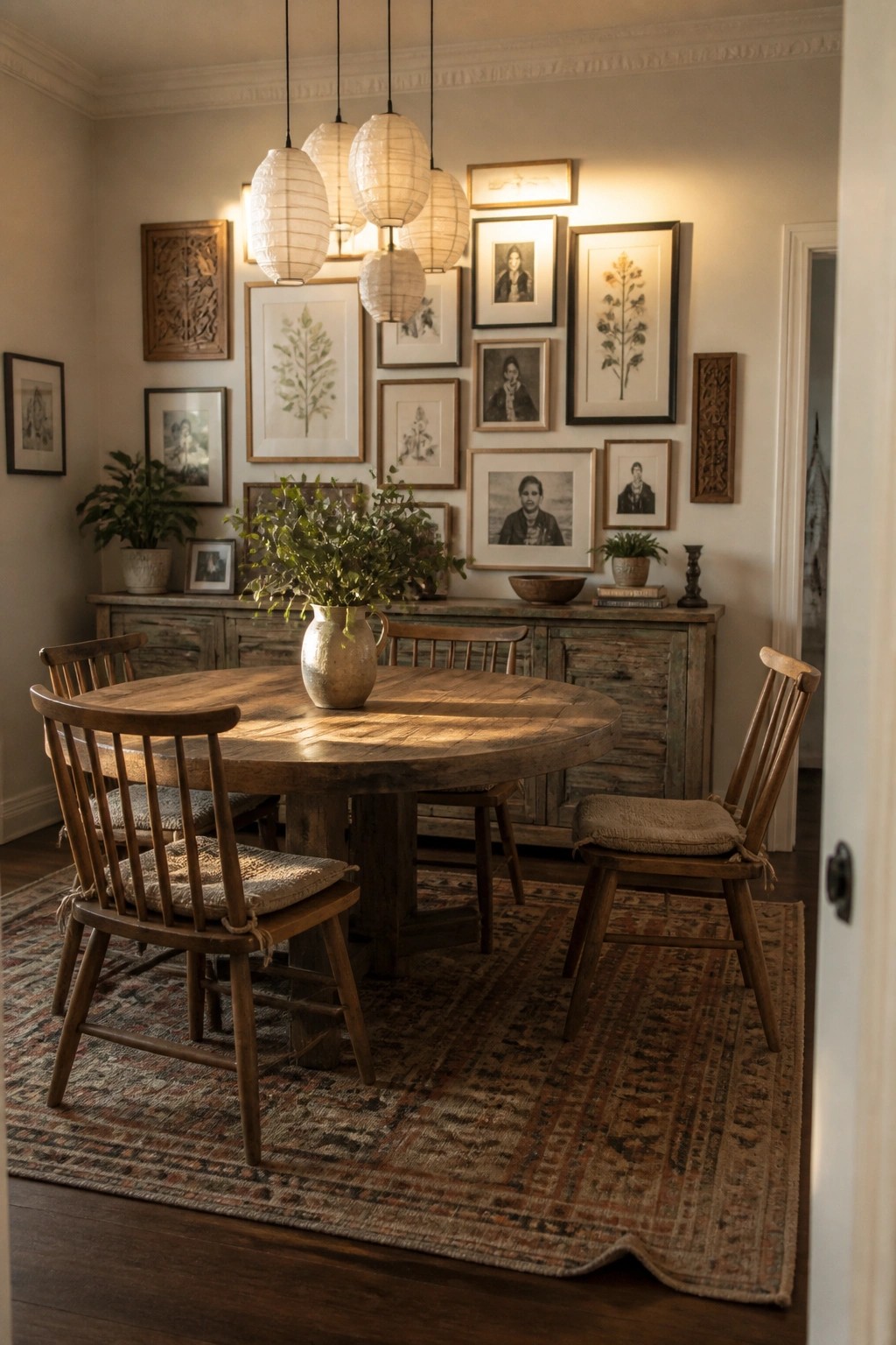 A dining room featuring a round wooden table with chairs on a patterned rug and an eclectic gallery wall of framed art above a distressed wooden sideboard.