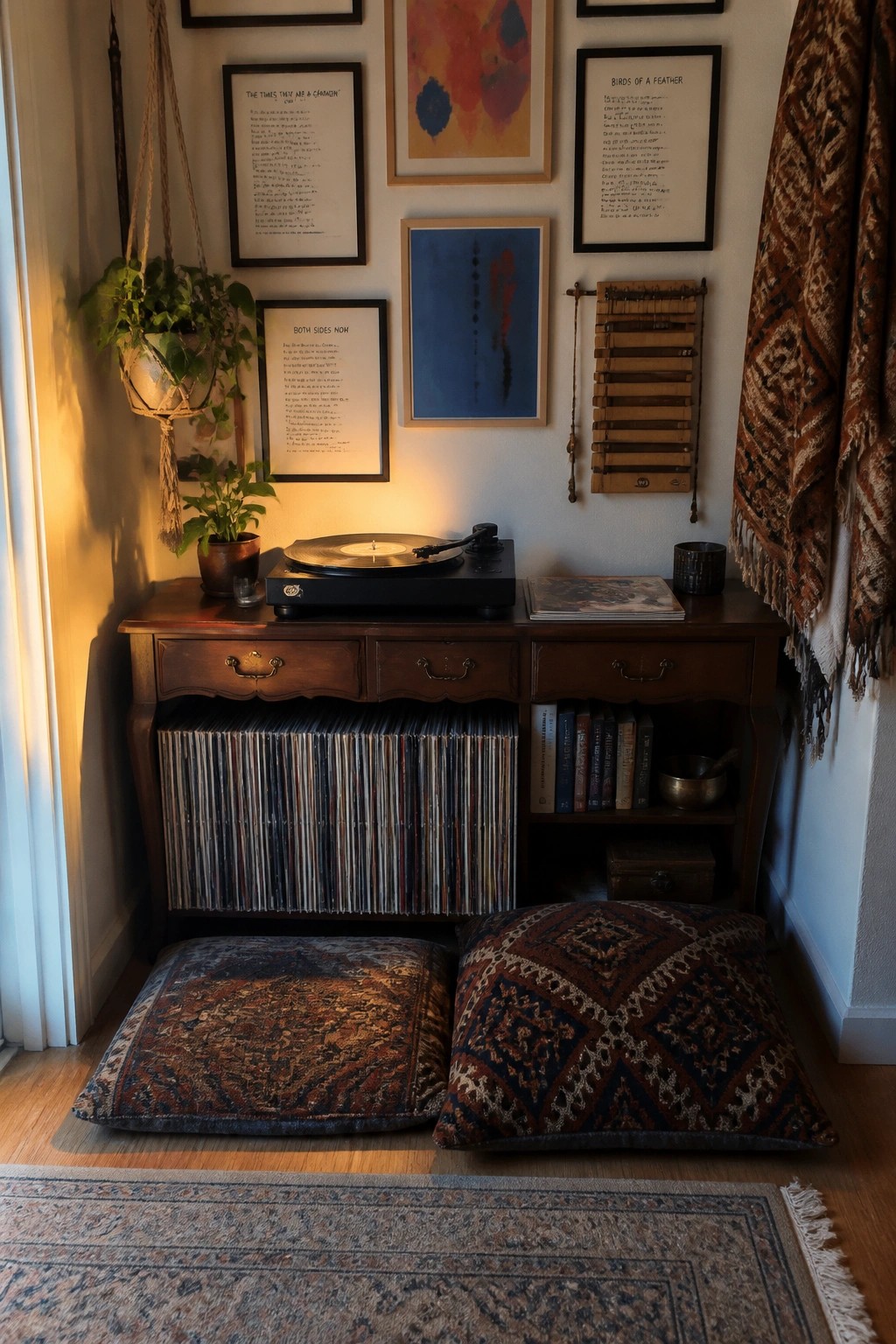 A wooden console with a turntable and stacked vinyl sits below a gallery wall of framed song lyrics and abstract prints, with two patterned floor cushions in front.