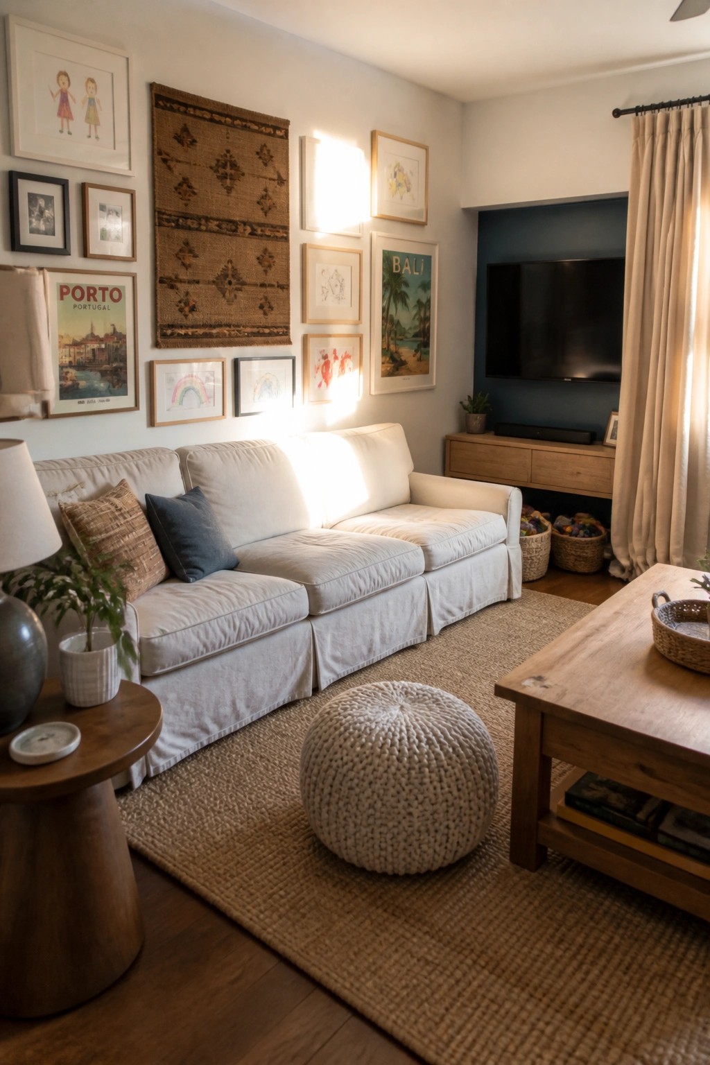 A gallery wall in a living room with a large woven textile centered among assorted framed prints above a white sofa.