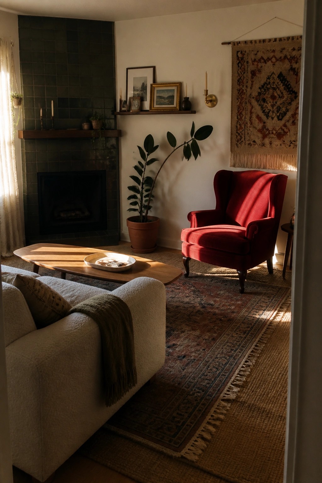 Sunlit living room with red velvet chair, white sofa, wooden table, and green fireplace.
