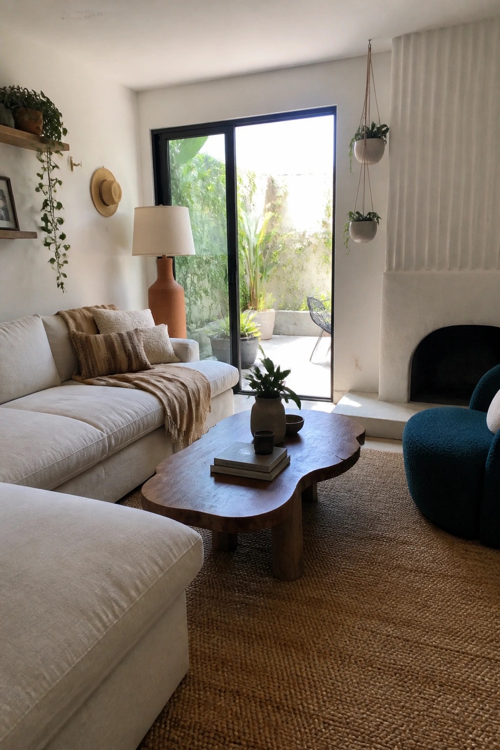 Bright living room with beige sectional sofa, live-edge coffee table, teal armchair, and fireplace
