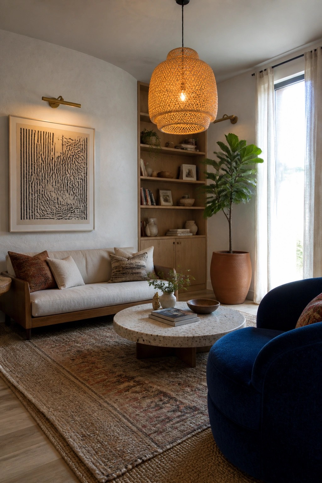 A living room featuring a blue velvet accent chair, white sofa, round terrazzo coffee table, and built-in wooden shelves with a large woven pendant light overhead.