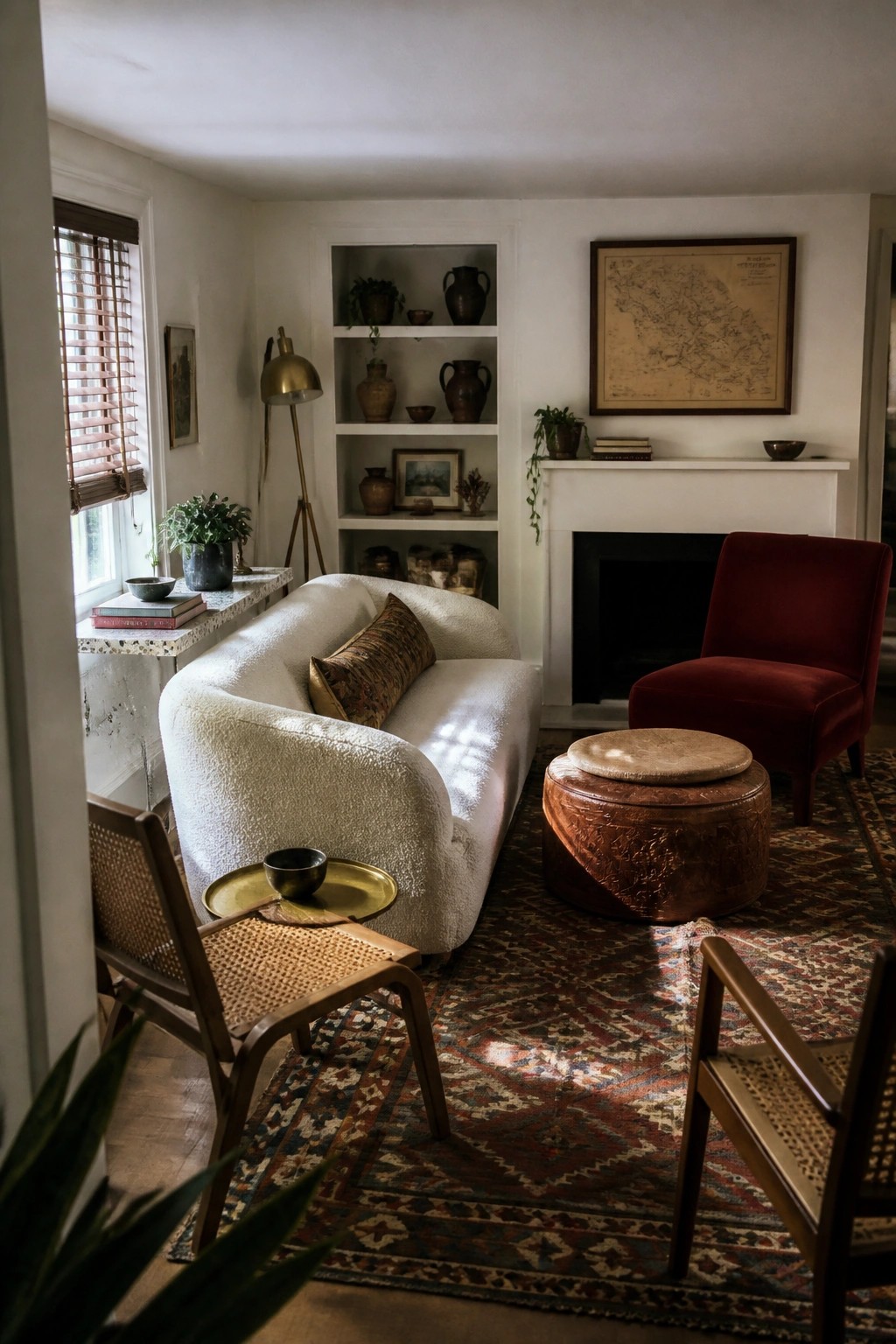 Sunlit living room with white sofa, red velvet chair, leather ottoman, and patterned rug.